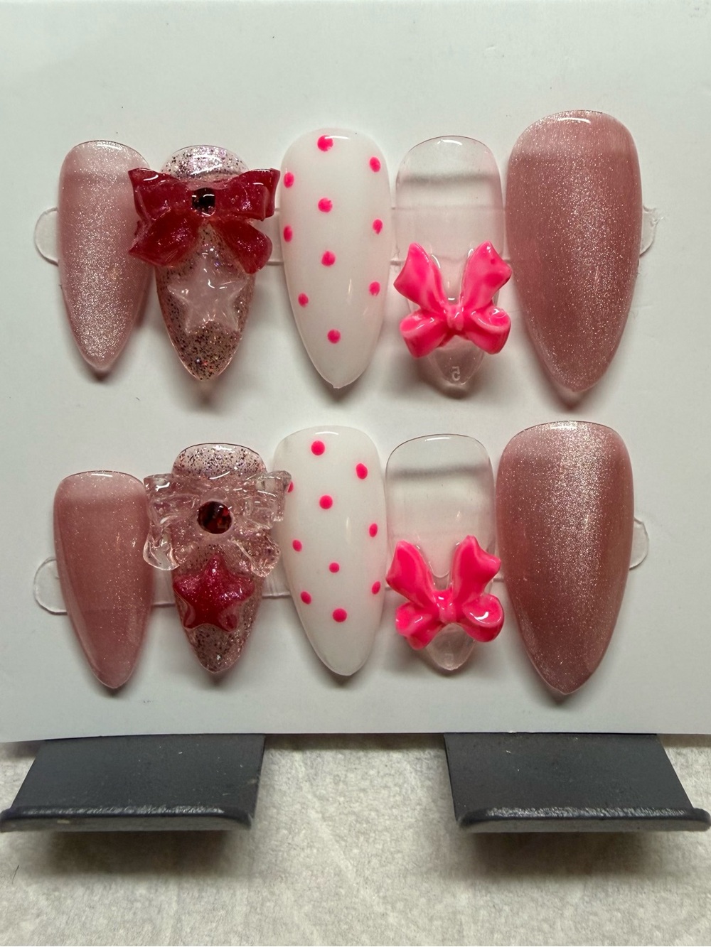 Medium almond Pink Pearl & White Polka Dot Press-On Nail Set with 3D Bows size M